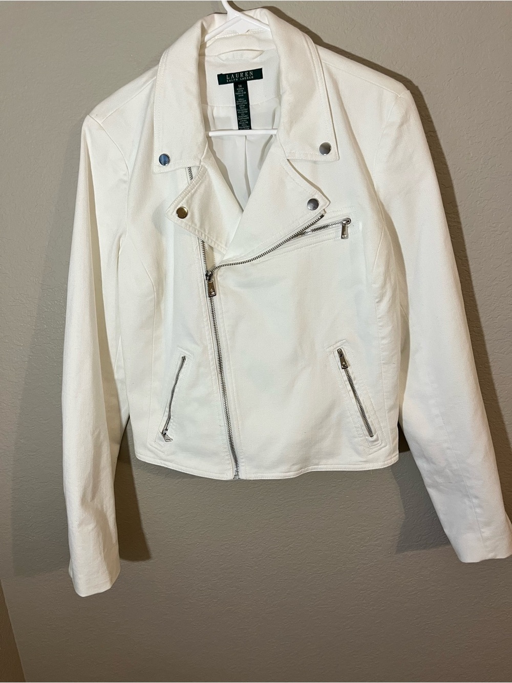 Lauren Ralph Lauren White Cotton Moto Jacket Women’s 14 Biker Zip Y2K